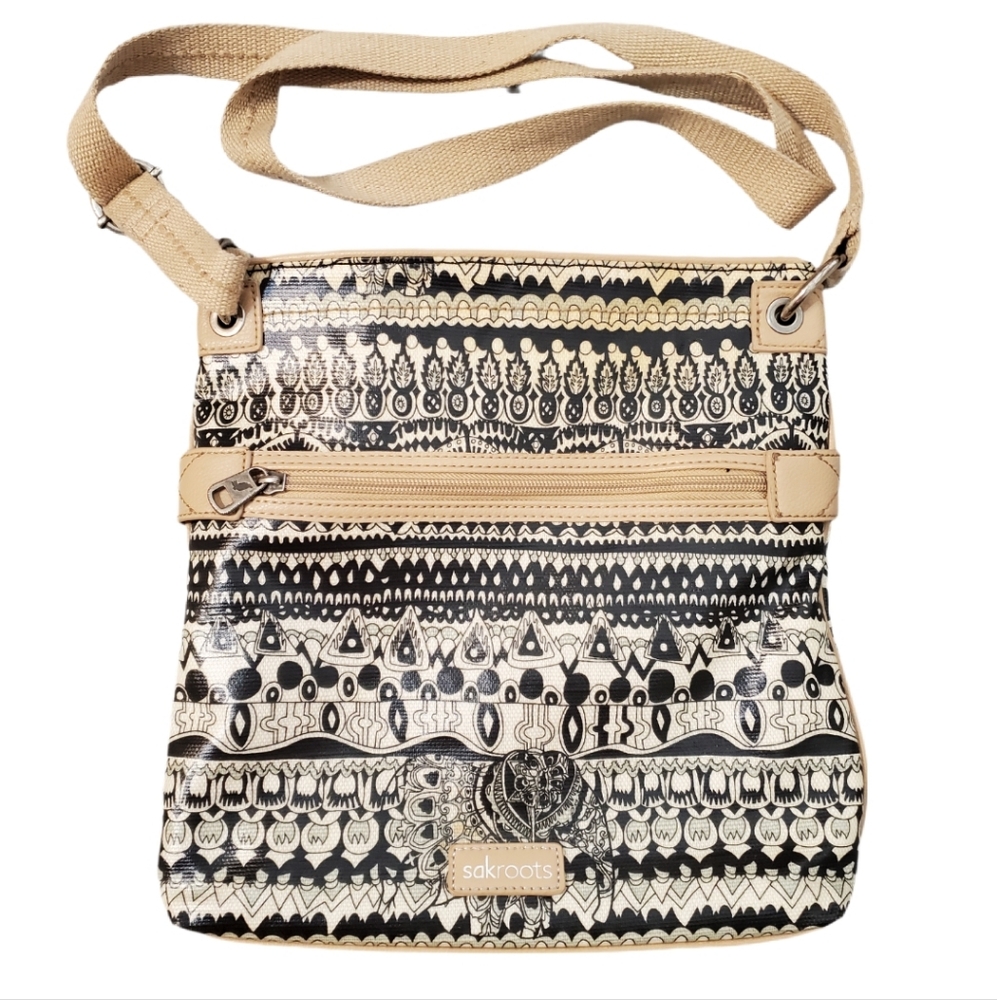 Sakroots Cream Black Boho Artist Circle Crossbody Satchel Tote